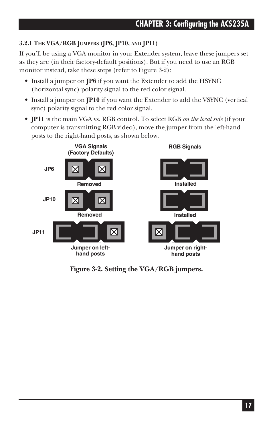 Chapter 3: configuring the acs235a, Figure 3-2. setting the vga/rgb jumpers | Black Box ACS235A User Manual | Page 18 / 103