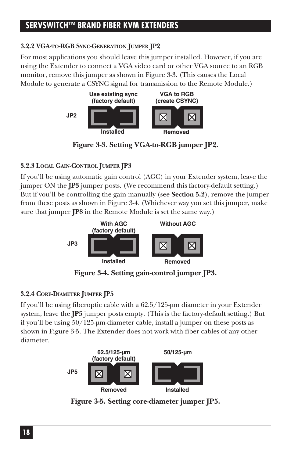 Servswitch™ brand fiber kvm extenders, Figure 3-3. setting vga-to-rgb jumper jp2, Figure 3-4. setting gain-control jumper jp3 | Figure 3-5. setting core-diameter jumper jp5 | Black Box ACS235A User Manual | Page 19 / 103