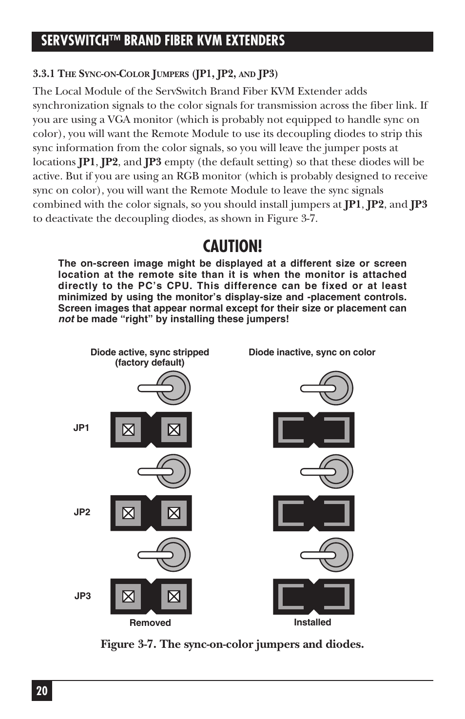 Caution, Servswitch™ brand fiber kvm extenders, Figure 3-7. the sync-on-color jumpers and diodes | Black Box ACS235A User Manual | Page 21 / 103