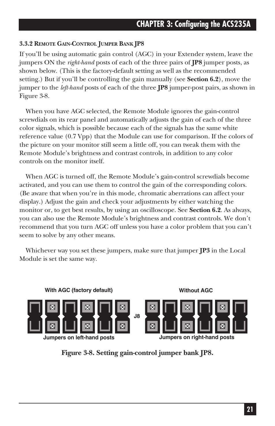 Chapter 3: configuring the acs235a, Figure 3-8. setting gain-control jumper bank jp8 | Black Box ACS235A User Manual | Page 22 / 103