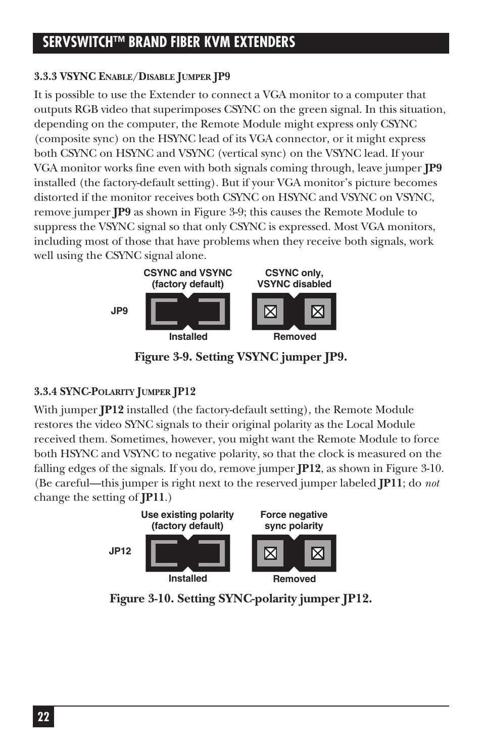 Servswitch™ brand fiber kvm extenders, Figure 3-9. setting vsync jumper jp9 | Black Box ACS235A User Manual | Page 23 / 103