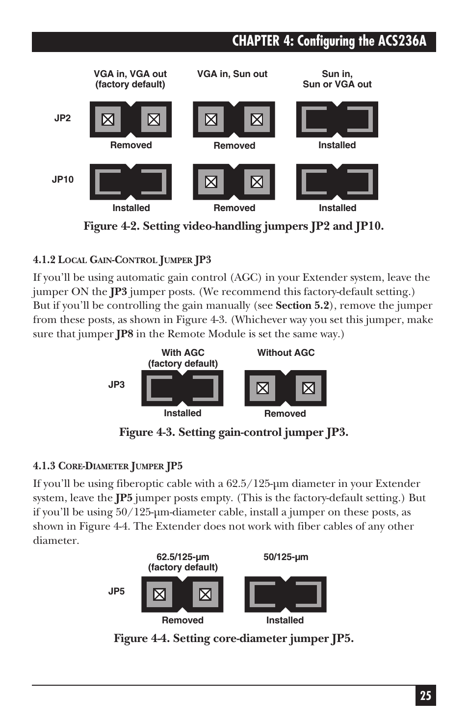 Chapter 4: configuring the acs236a, Figure 4-3. setting gain-control jumper jp3, Figure 4-4. setting core-diameter jumper jp5 | Black Box ACS235A User Manual | Page 26 / 103