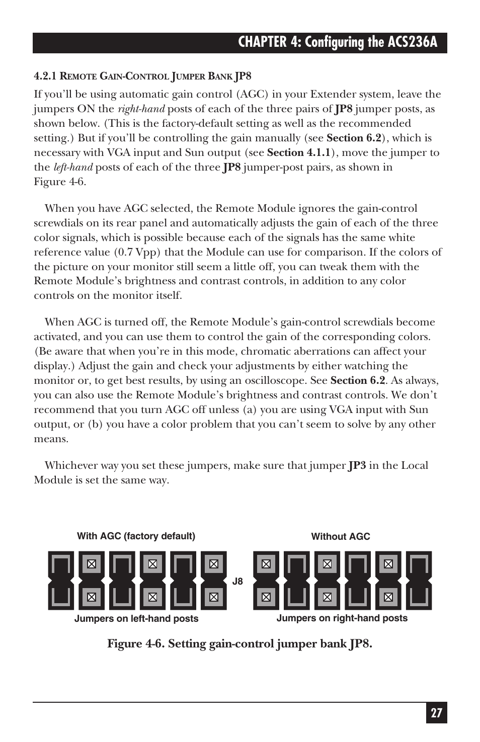 Chapter 4: configuring the acs236a, Figure 4-6. setting gain-control jumper bank jp8 | Black Box ACS235A User Manual | Page 28 / 103