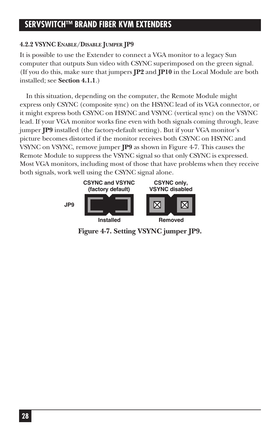 Servswitch™ brand fiber kvm extenders, Figure 4-7. setting vsync jumper jp9 | Black Box ACS235A User Manual | Page 29 / 103