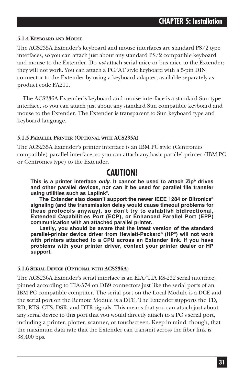 Caution, Chapter 5: installation | Black Box ACS235A User Manual | Page 32 / 103