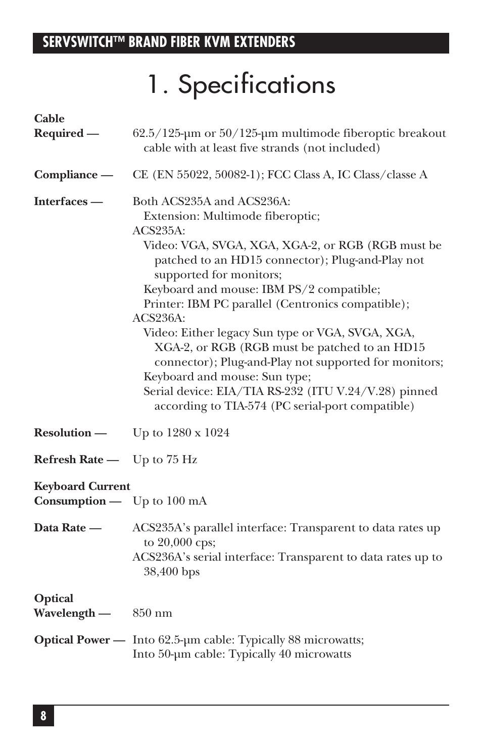 Specifications | Black Box ACS235A User Manual | Page 59 / 103