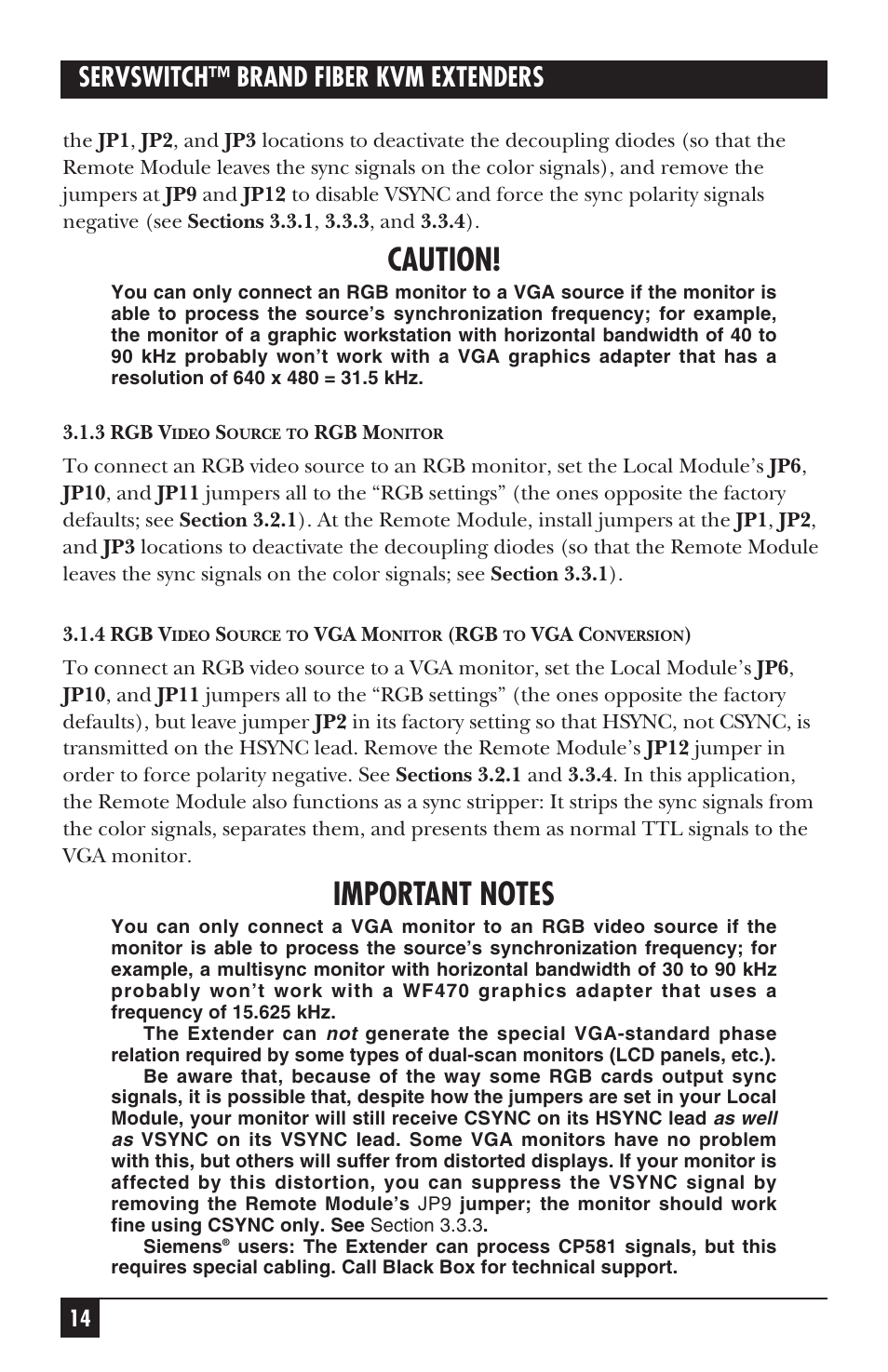 Caution, Servswitch™ brand fiber kvm extenders | Black Box ACS235A User Manual | Page 65 / 103