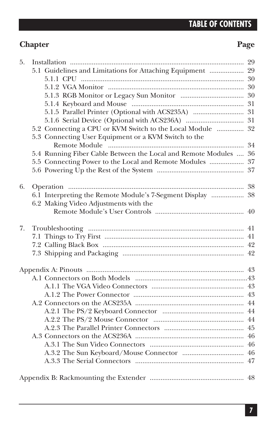 Table of contents chapter page | Black Box ACS235A User Manual | Page 8 / 103