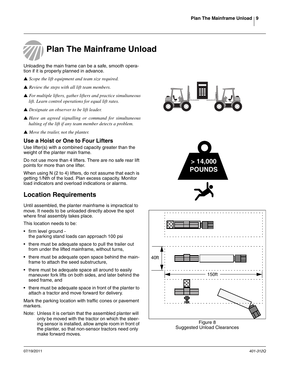 Plan the mainframe unload, Use a hoist or one to four lifters, Location requirements | Great Plains 3PYP Predelivery Manual User Manual | Page 13 / 82