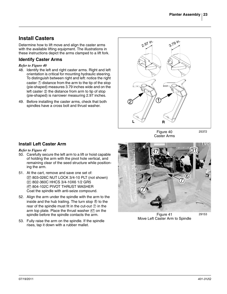 Install casters, Identify caster arms, Install left caster arm | Identify caster arms install left caster arm | Great Plains 3PYP Predelivery Manual User Manual | Page 27 / 82