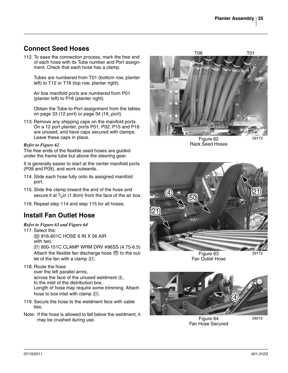 Connect seed hoses, Install fan outlet hose, Connect seed hoses install fan outlet hose | Step 117) | Great Plains 3PYP Predelivery Manual User Manual | Page 39 / 82