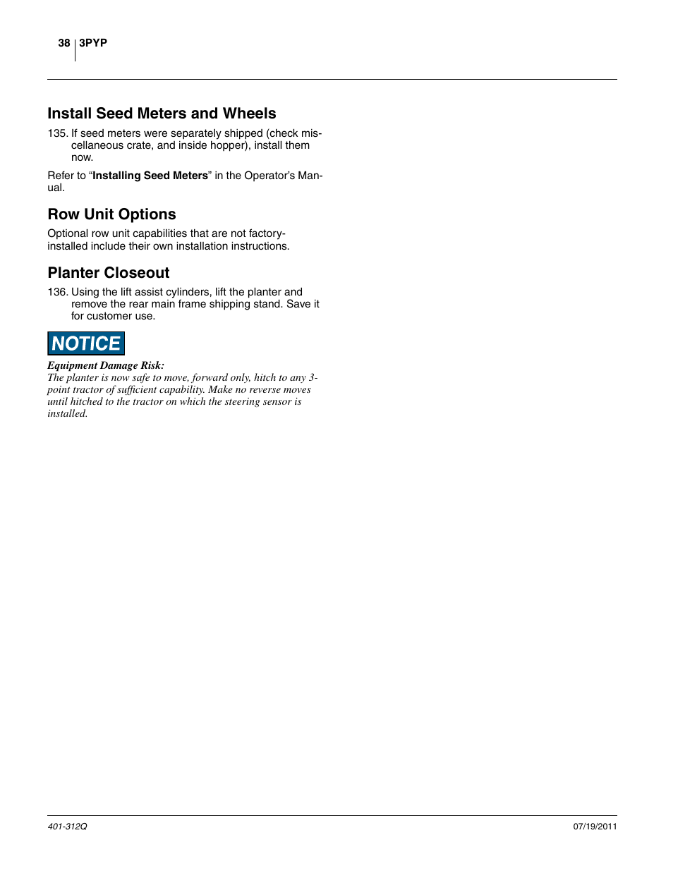 Install seed meters and wheels, Row unit options, Planter closeout | Great Plains 3PYP Predelivery Manual User Manual | Page 42 / 82