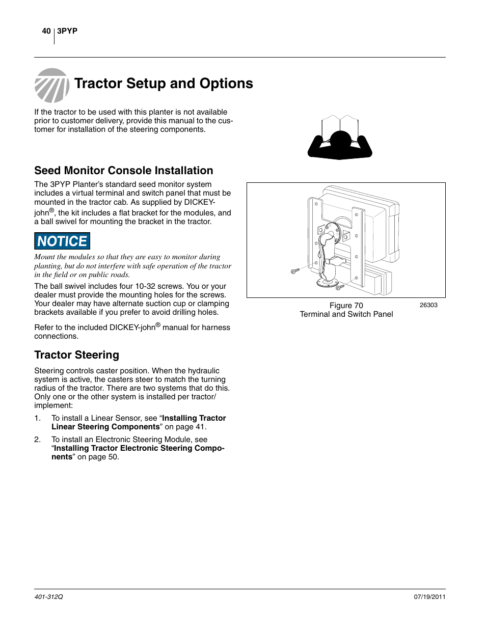 Tractor setup and options, Seed monitor console installation, Tractor steering | Great Plains 3PYP Predelivery Manual User Manual | Page 44 / 82