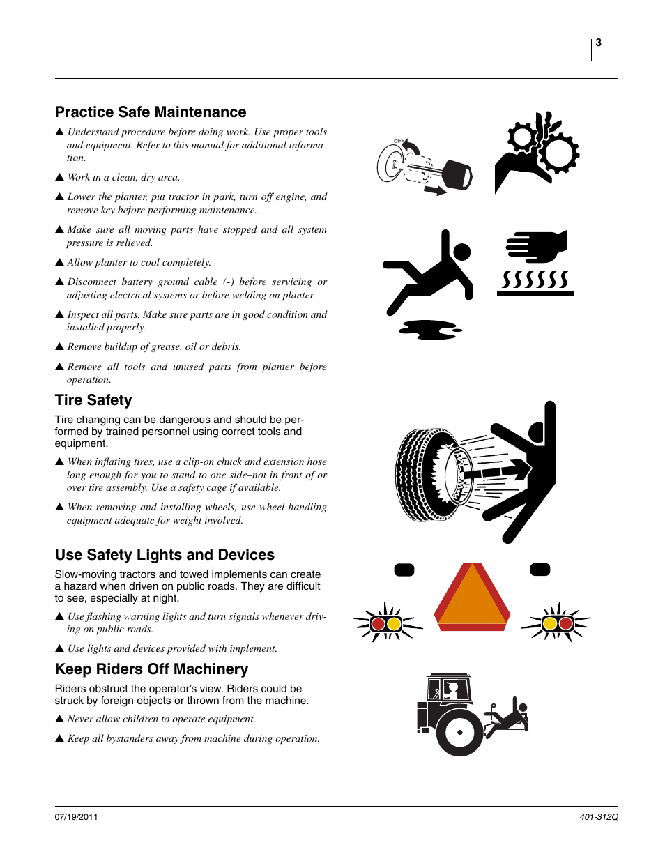 Practice safe maintenance, Tire safety, Use safety lights and devices | Keep riders off machinery | Great Plains 3PYP Predelivery Manual User Manual | Page 7 / 82