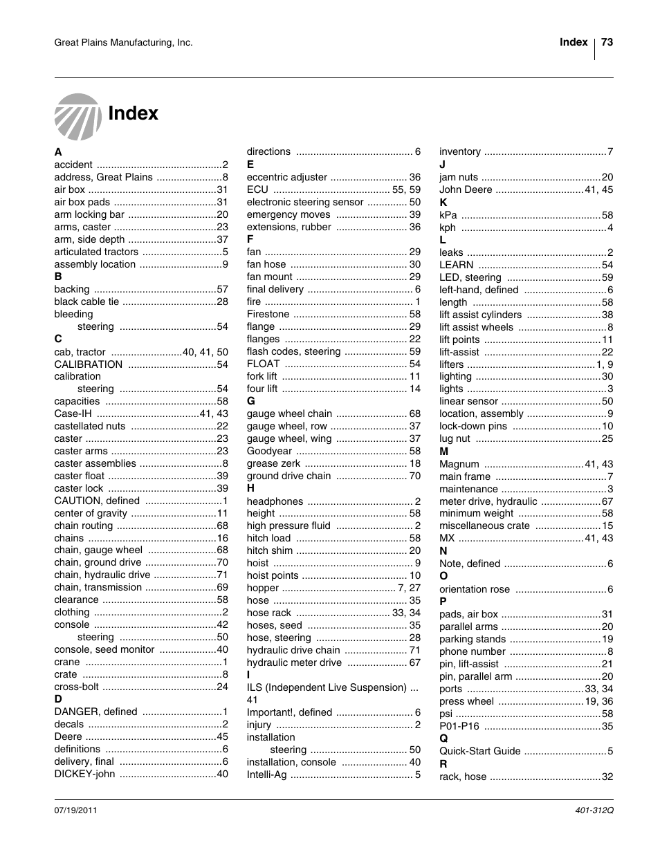 Index | Great Plains 3PYP Predelivery Manual User Manual | Page 77 / 82