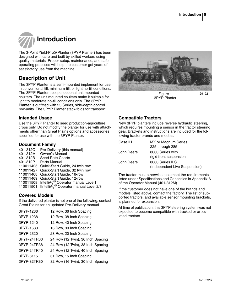 Introduction, Description of unit, Intended usage | Document family, Covered models, Compatible tractors | Great Plains 3PYP Predelivery Manual User Manual | Page 9 / 82