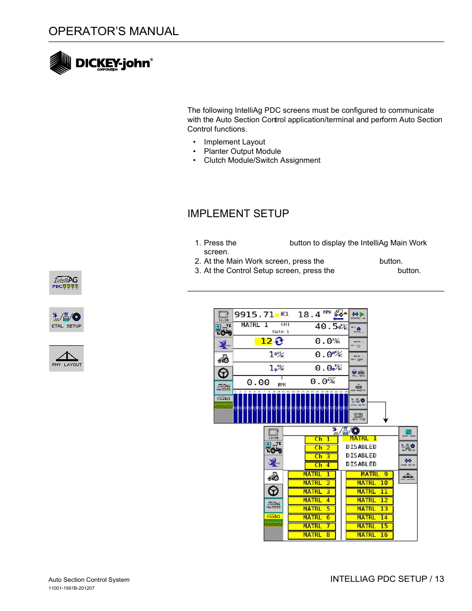 Intelliag pdc setup, Operator’s manual, Implement setup | Great Plains DICKEY-john Auto Section Control User Manual | Page 15 / 65