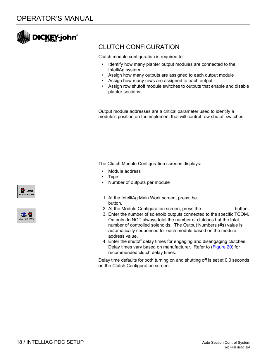 Operator’s manual, Clutch configuration | Great Plains DICKEY-john Auto Section Control User Manual | Page 20 / 65