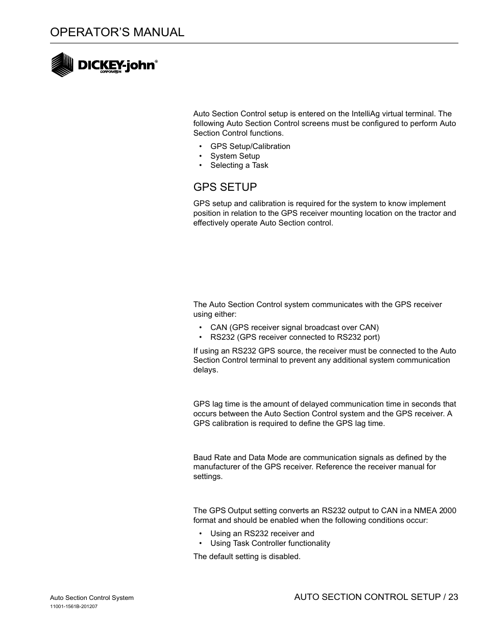 Operator’s manual, Gps setup | Great Plains DICKEY-john Auto Section Control User Manual | Page 25 / 65