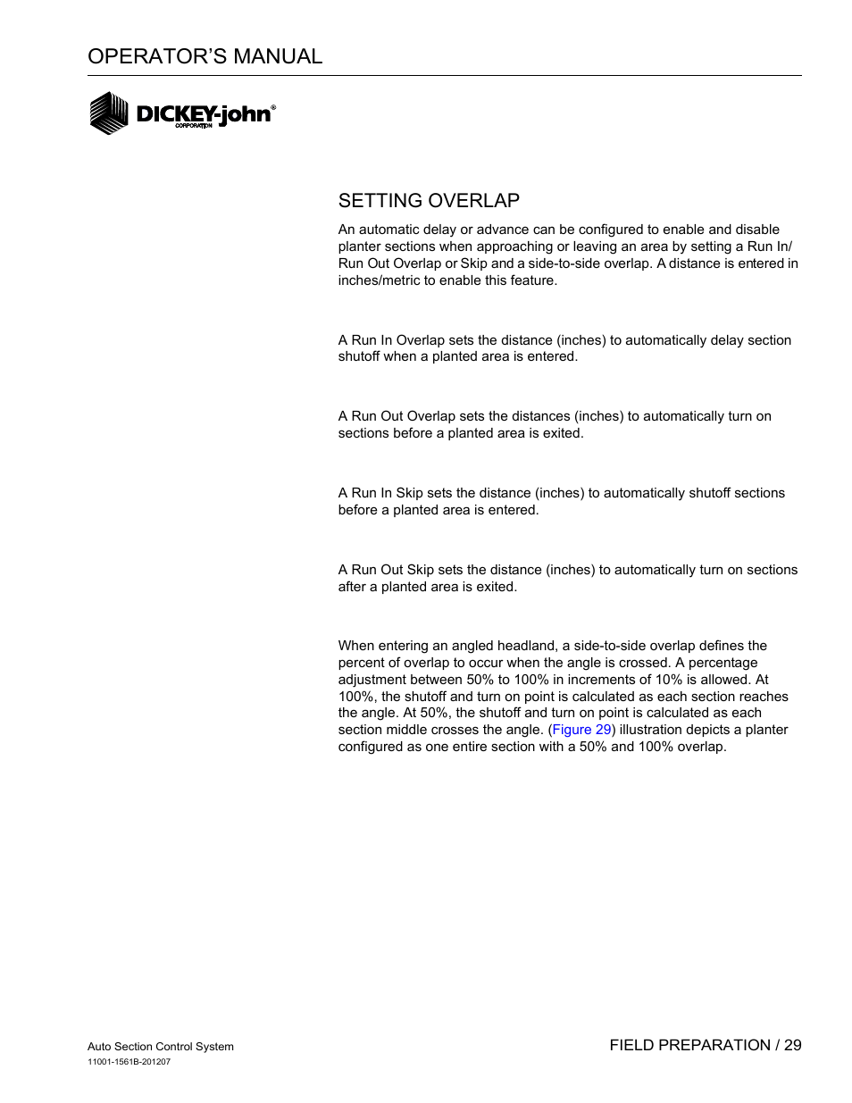 Field preparation, Operator’s manual, Setting overlap | Great Plains DICKEY-john Auto Section Control User Manual | Page 31 / 65