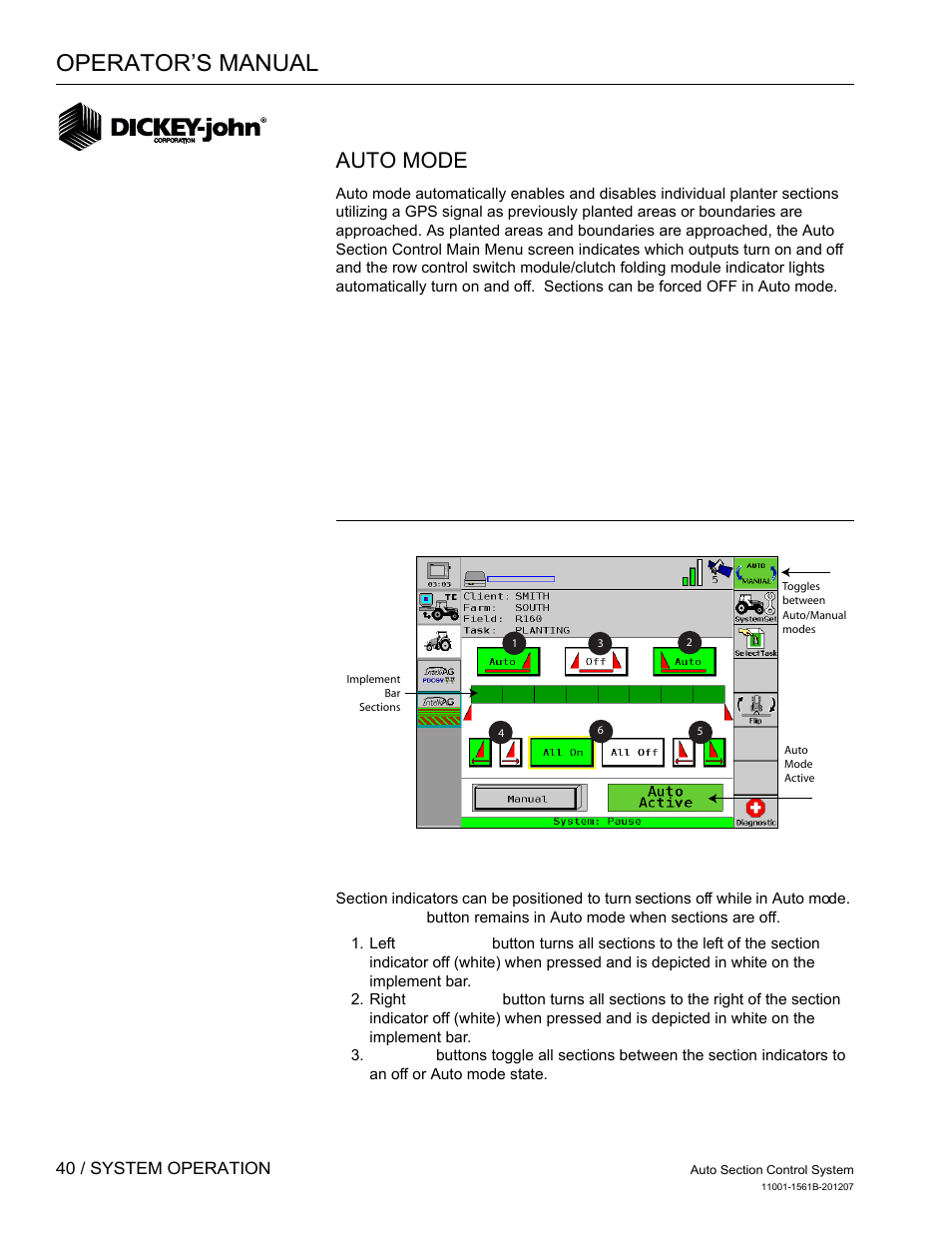 Operator’s manual, Auto mode | Great Plains DICKEY-john Auto Section Control User Manual | Page 42 / 65
