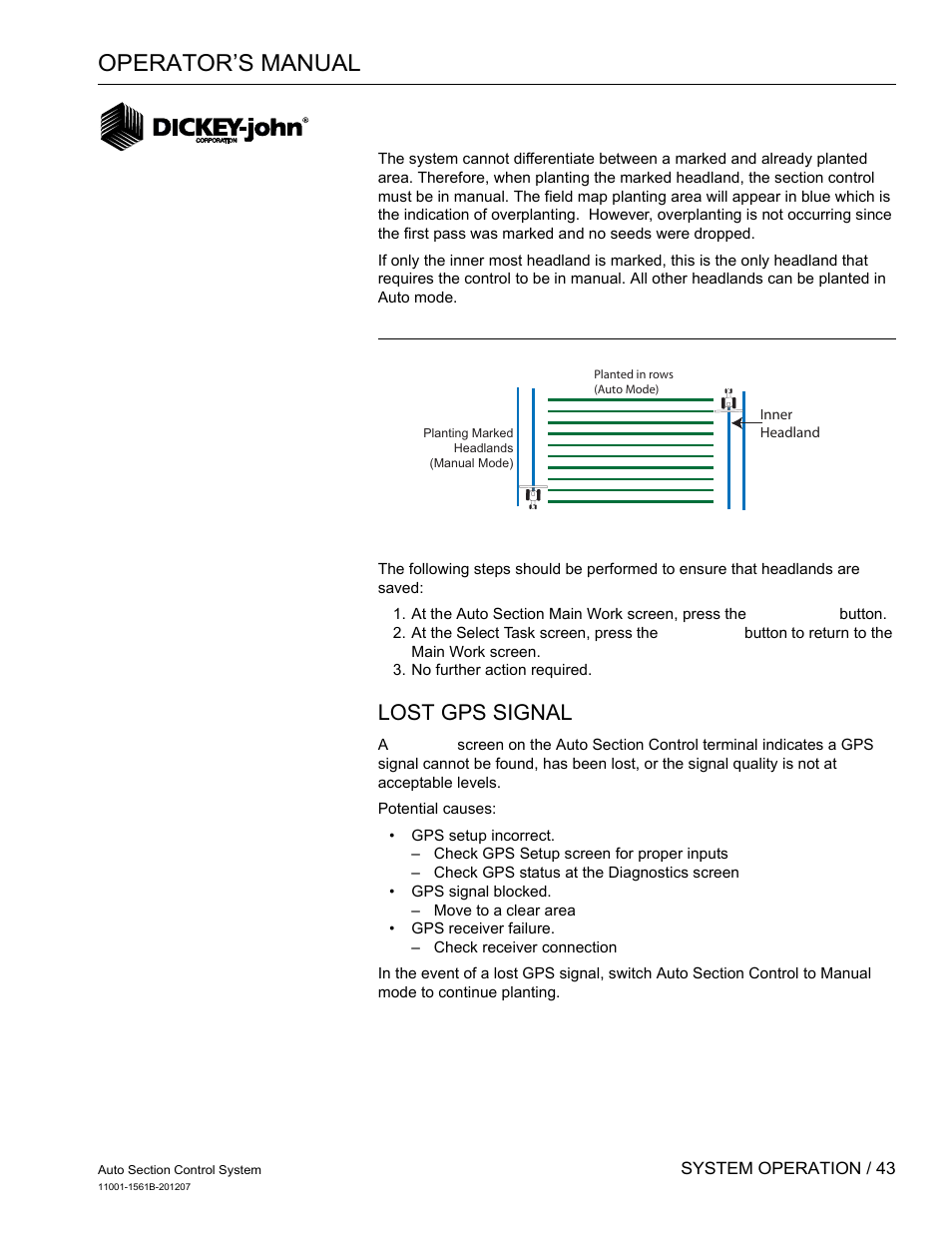 Operator’s manual, Lost gps signal | Great Plains DICKEY-john Auto Section Control User Manual | Page 45 / 65