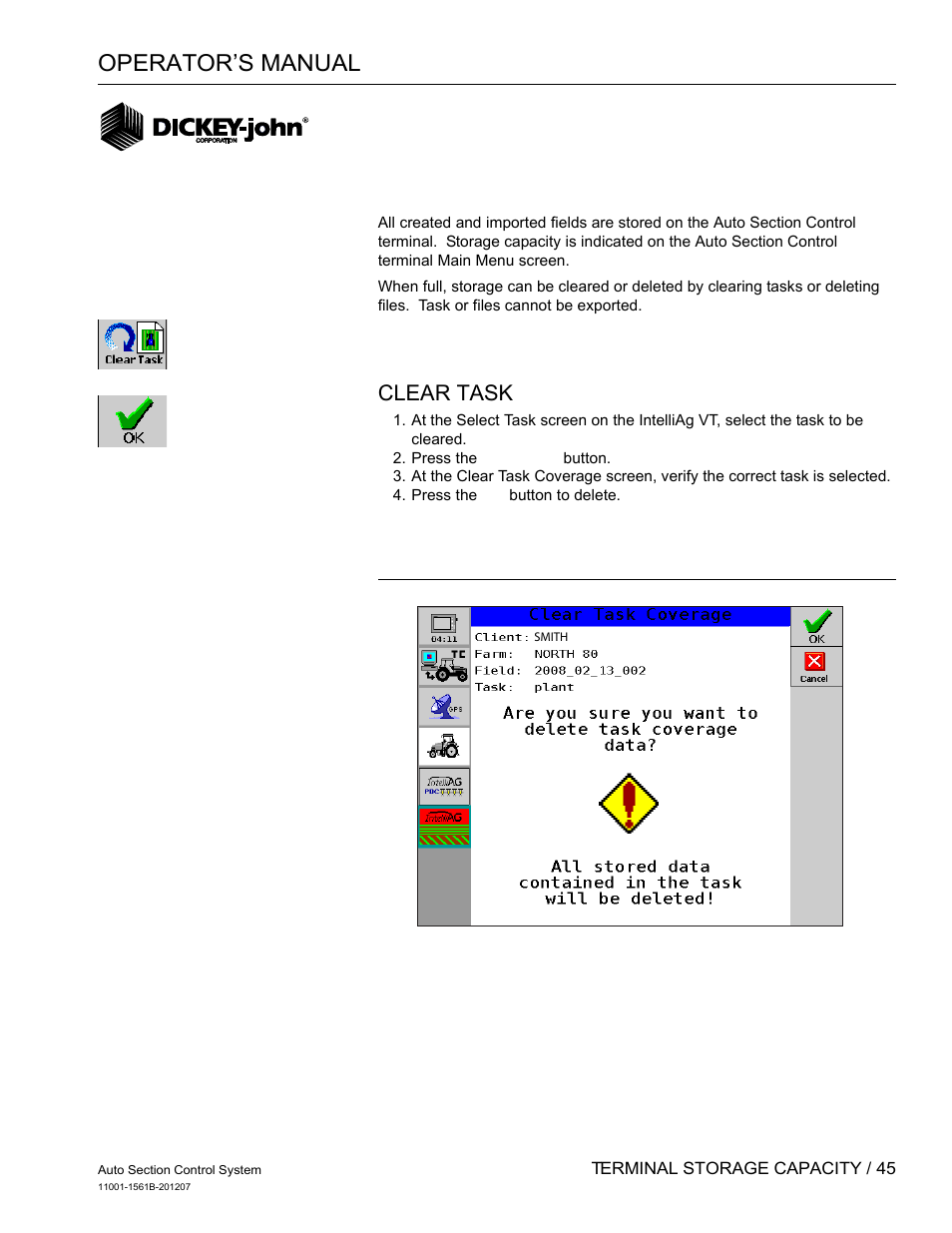 Terminal storage capacity, Operator’s manual, Clear task | Great Plains DICKEY-john Auto Section Control User Manual | Page 47 / 65