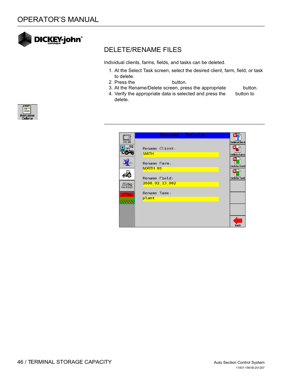Operator’s manual, Delete/rename files | Great Plains DICKEY-john Auto Section Control User Manual | Page 48 / 65