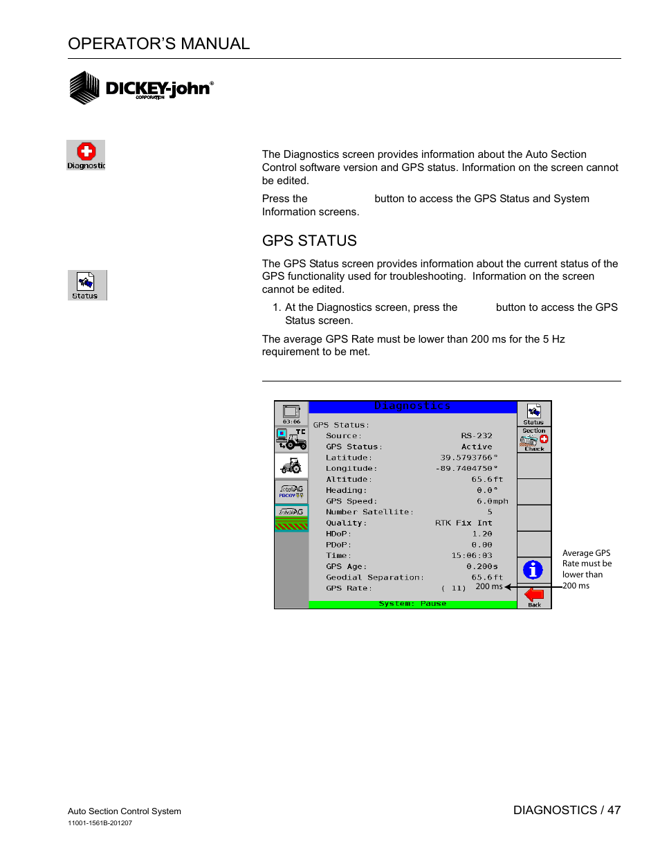 Diagnostics, Operator’s manual, Gps status | Great Plains DICKEY-john Auto Section Control User Manual | Page 49 / 65