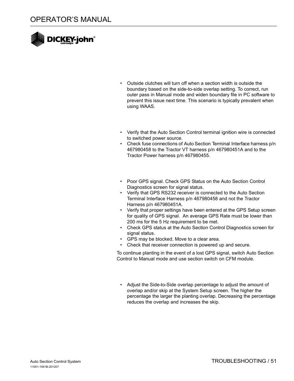 Troubleshooting, Operator’s manual | Great Plains DICKEY-john Auto Section Control User Manual | Page 53 / 65