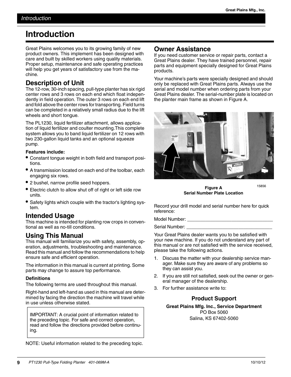 Description of unit, Features include, Intended usage | Using this manual, Definitions, Owner assistance, Introduction | Great Plains PT1230 AA1062 Operator Manual User Manual | Page 11 / 66