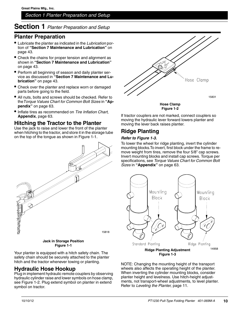Planter preparation, Hitching the tractor to the planter, Hydraulic hose hookup | Ridge planting, Section 1 planter preparation and setup | Great Plains PT1230 AA1062 Operator Manual User Manual | Page 12 / 66