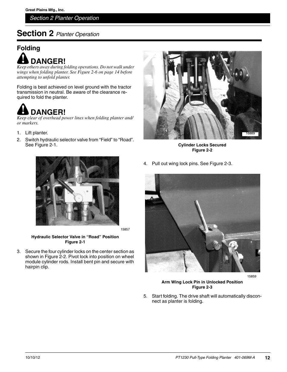 Folding, Section 2 planter operation, Danger | Great Plains PT1230 AA1062 Operator Manual User Manual | Page 14 / 66
