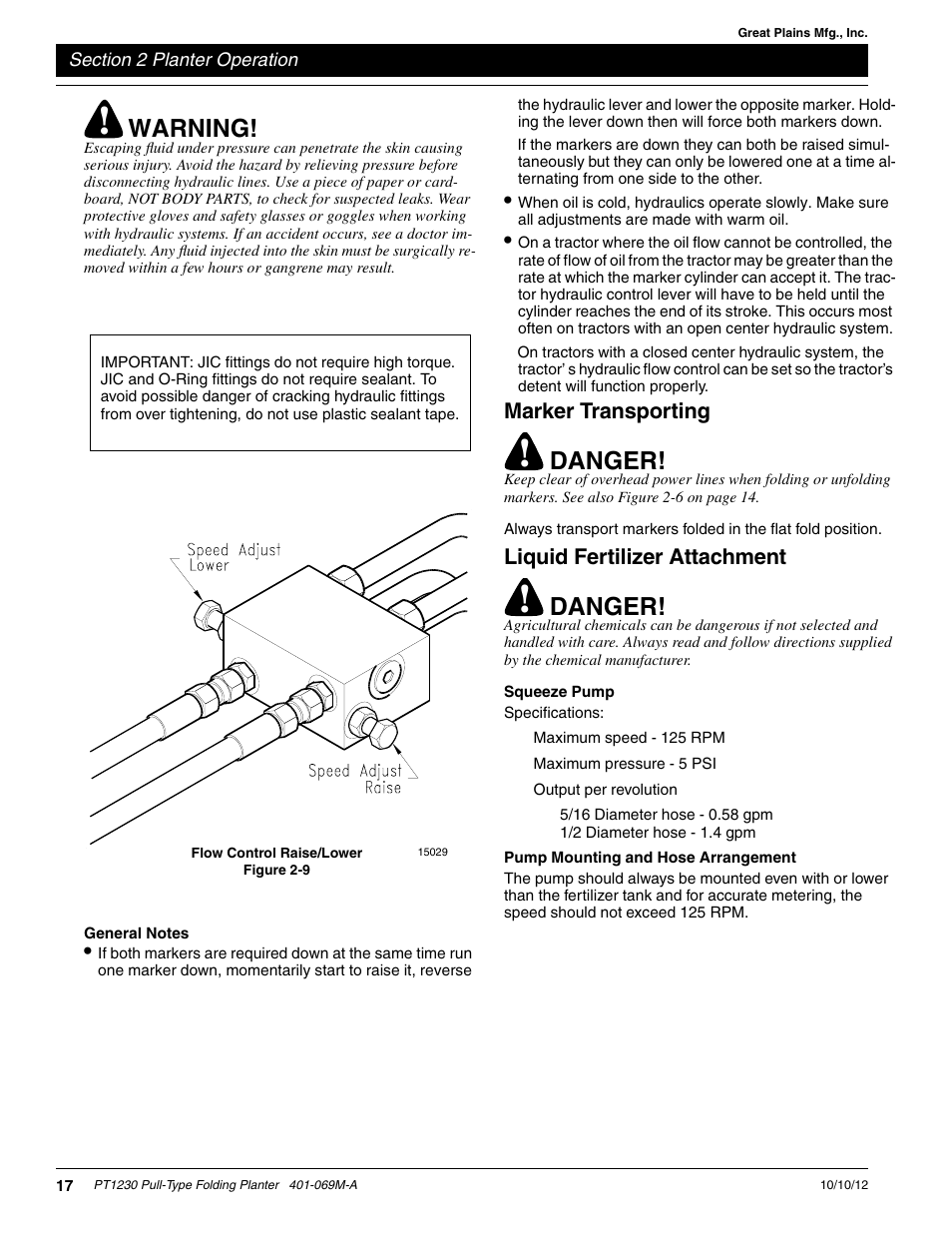 General notes, Marker transporting, Liquid fertilizer attachment | Squeeze pump, Pump mounting and hose arrangement, Warning, Danger | Great Plains PT1230 AA1062 Operator Manual User Manual | Page 19 / 66
