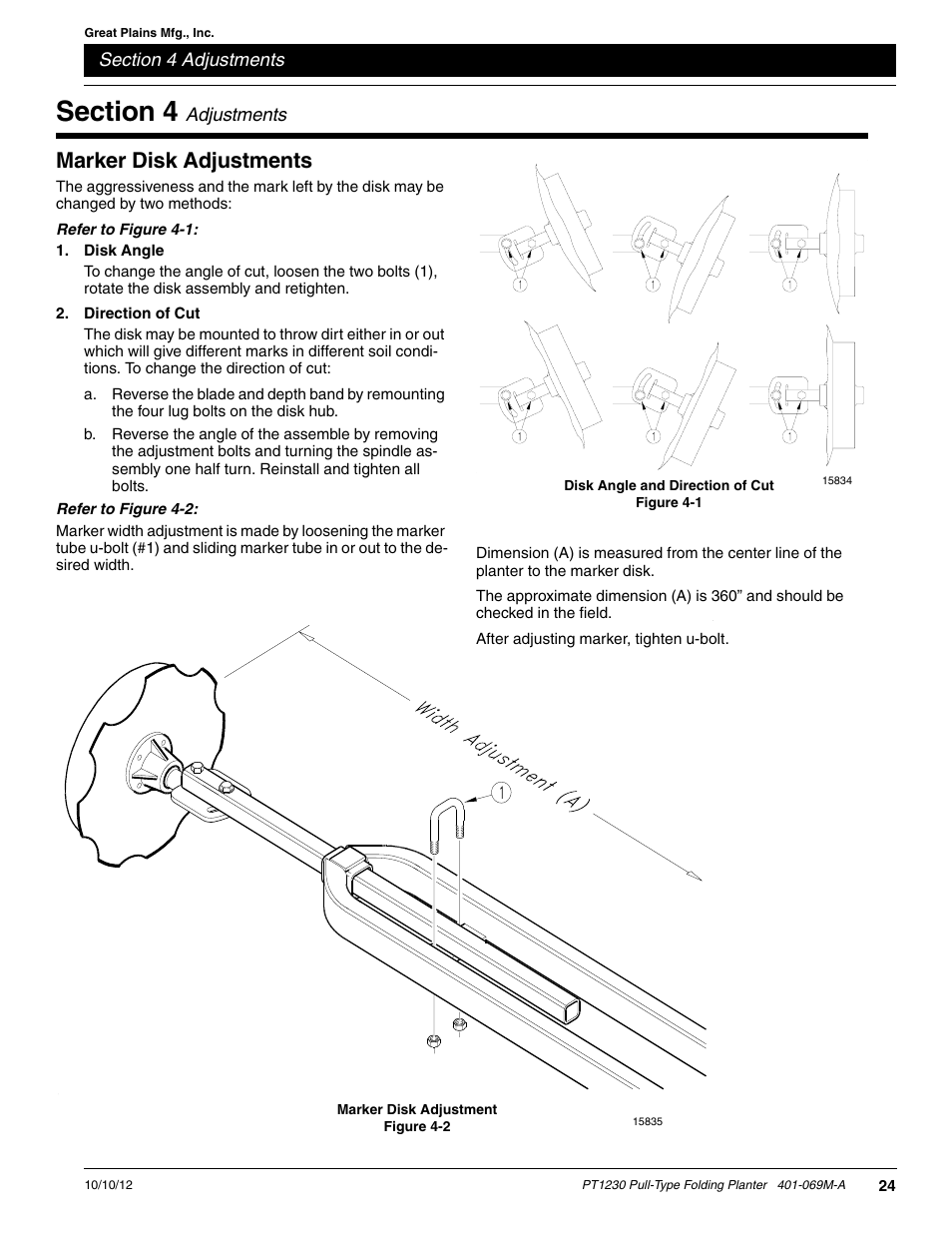 Section 4 adjustments, Marker disk adjustments, Disk angle | Direction of cut | Great Plains PT1230 AA1062 Operator Manual User Manual | Page 26 / 66