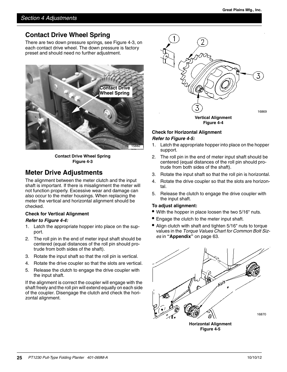 Contact drive wheel spring, Meter drive adjustments, Check for vertical alignment | Check for horizontal alignment, To adjust alignment | Great Plains PT1230 AA1062 Operator Manual User Manual | Page 27 / 66