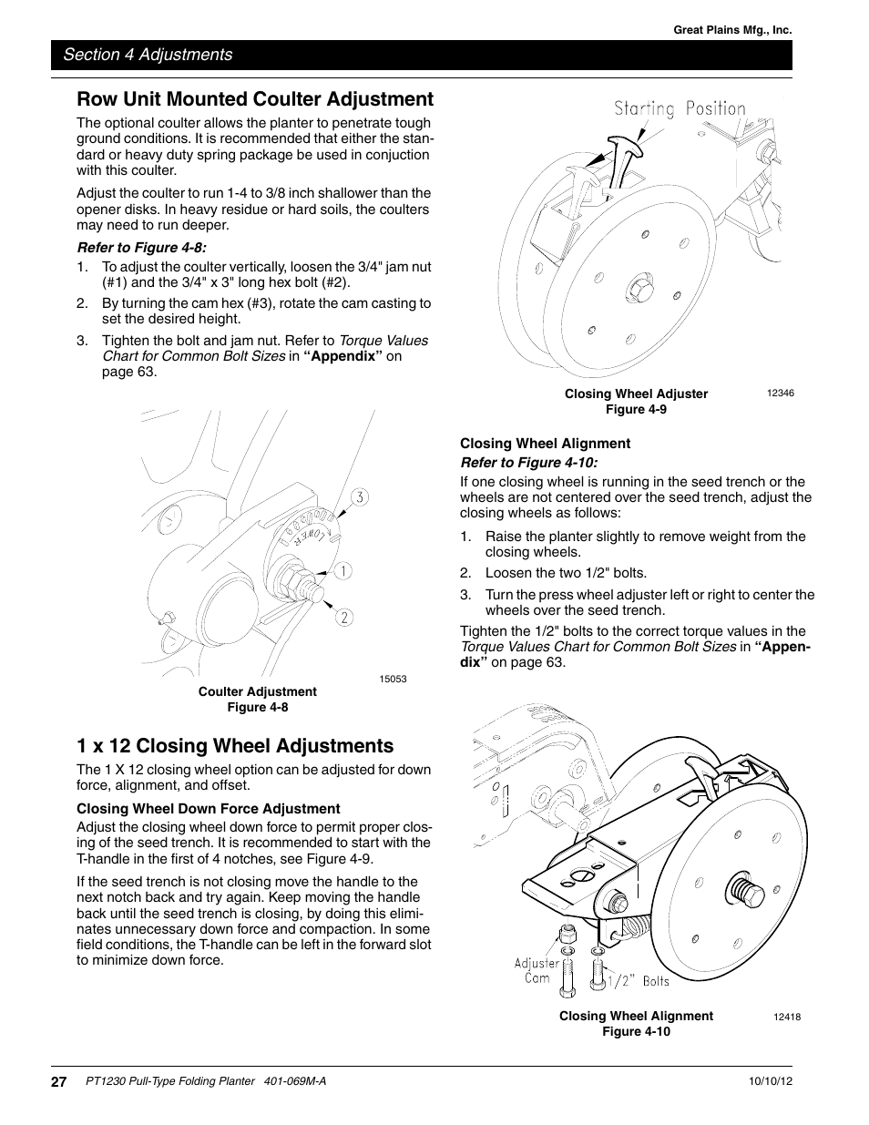 Row unit mounted coulter adjustment, 1 x 12 closing wheel adjustments, Closing wheel down force adjustment | Closing wheel alignment | Great Plains PT1230 AA1062 Operator Manual User Manual | Page 29 / 66