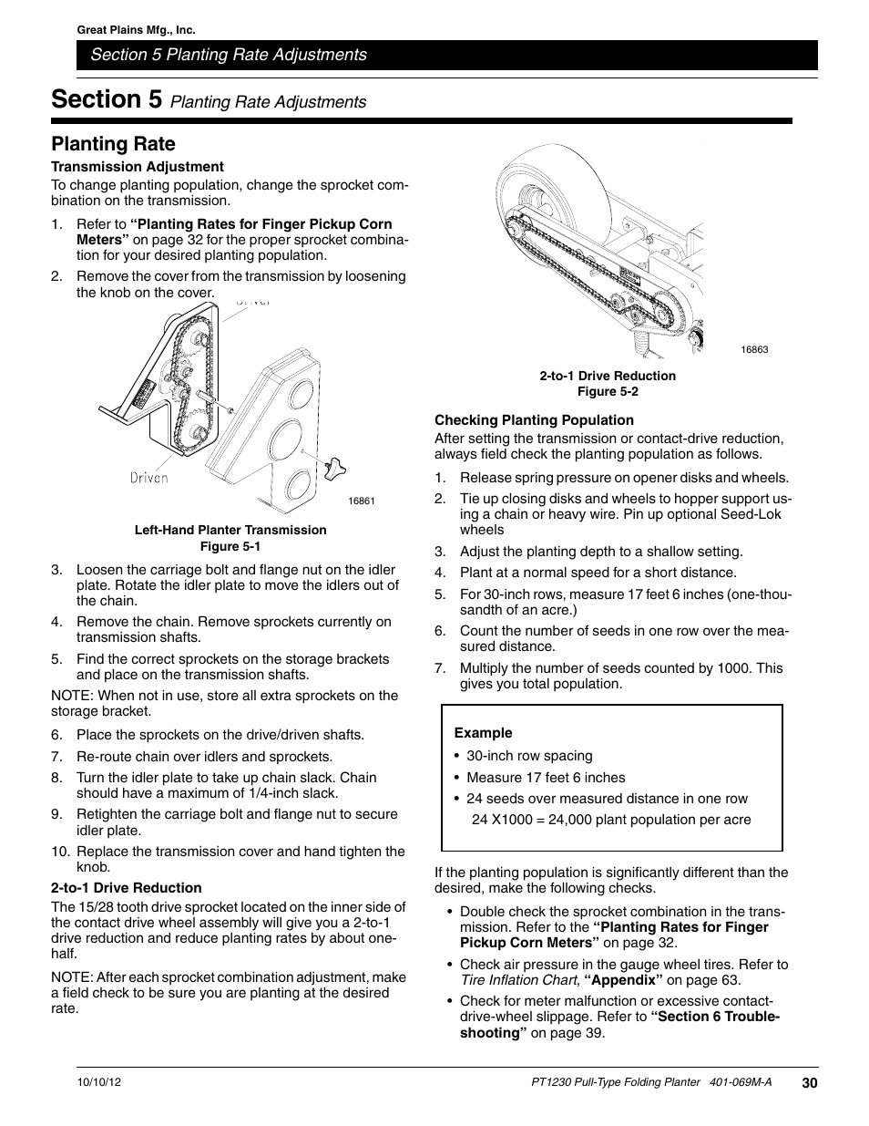 Planting rate, Transmission adjustment, To-1 drive reduction | Checking planting population, Section 5 planting rate adjustments, 30 f, 30 as a star | Great Plains PT1230 AA1062 Operator Manual User Manual | Page 32 / 66