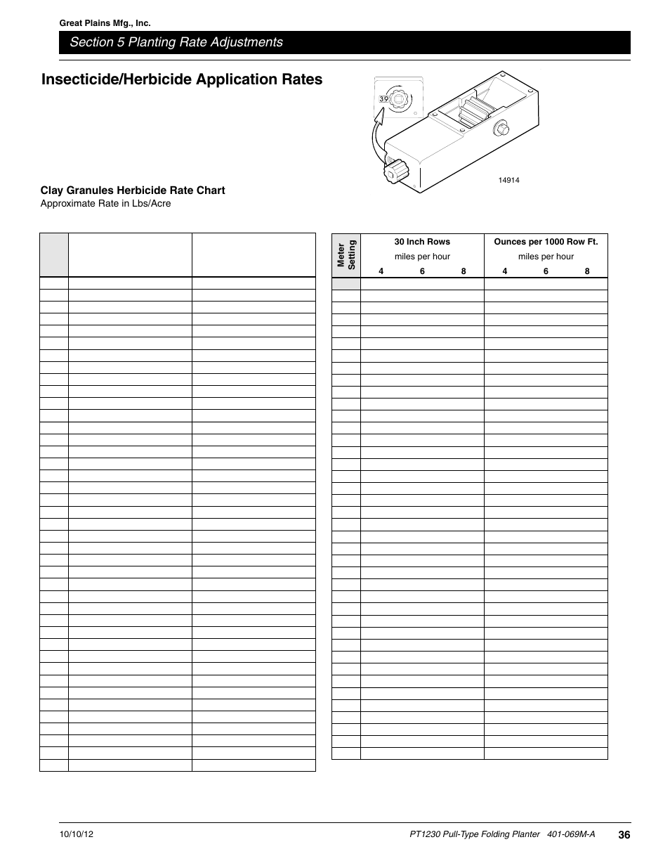 Insecticide/herbicide application rates, Insecticide/herbicide appli- cation rates | Great Plains PT1230 AA1062 Operator Manual User Manual | Page 38 / 66