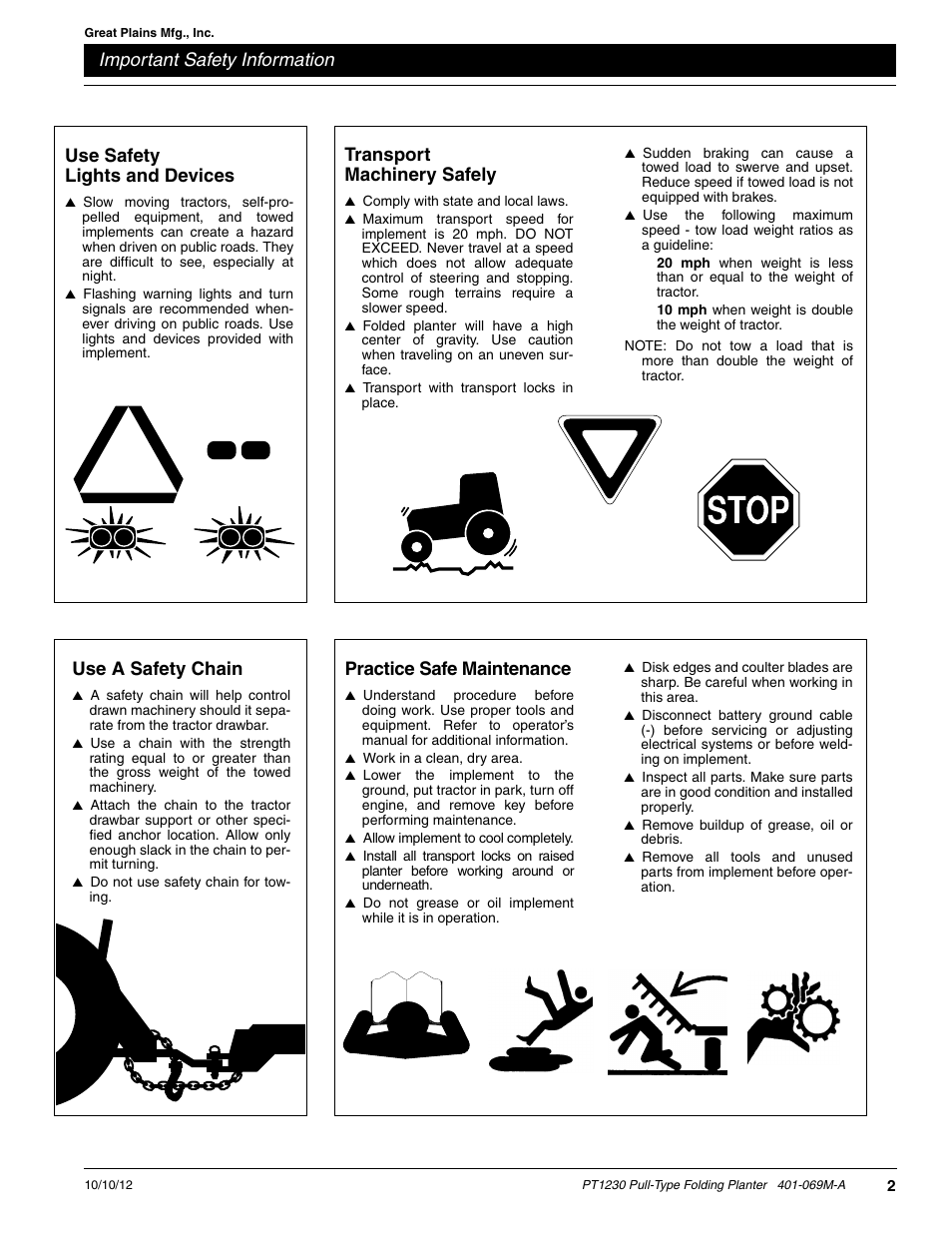 Important safety information, Use safety lights and devices, Practice safe maintenance | Use a safety chain, Transport machinery safely | Great Plains PT1230 AA1062 Operator Manual User Manual | Page 4 / 66