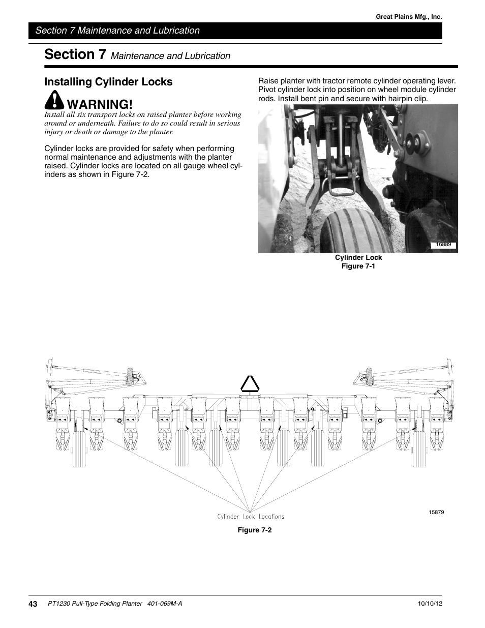 Section 7 maintenance and lubrication, Installing cylinder locks, Section 7 maintenance | Warning | Great Plains PT1230 AA1062 Operator Manual User Manual | Page 45 / 66