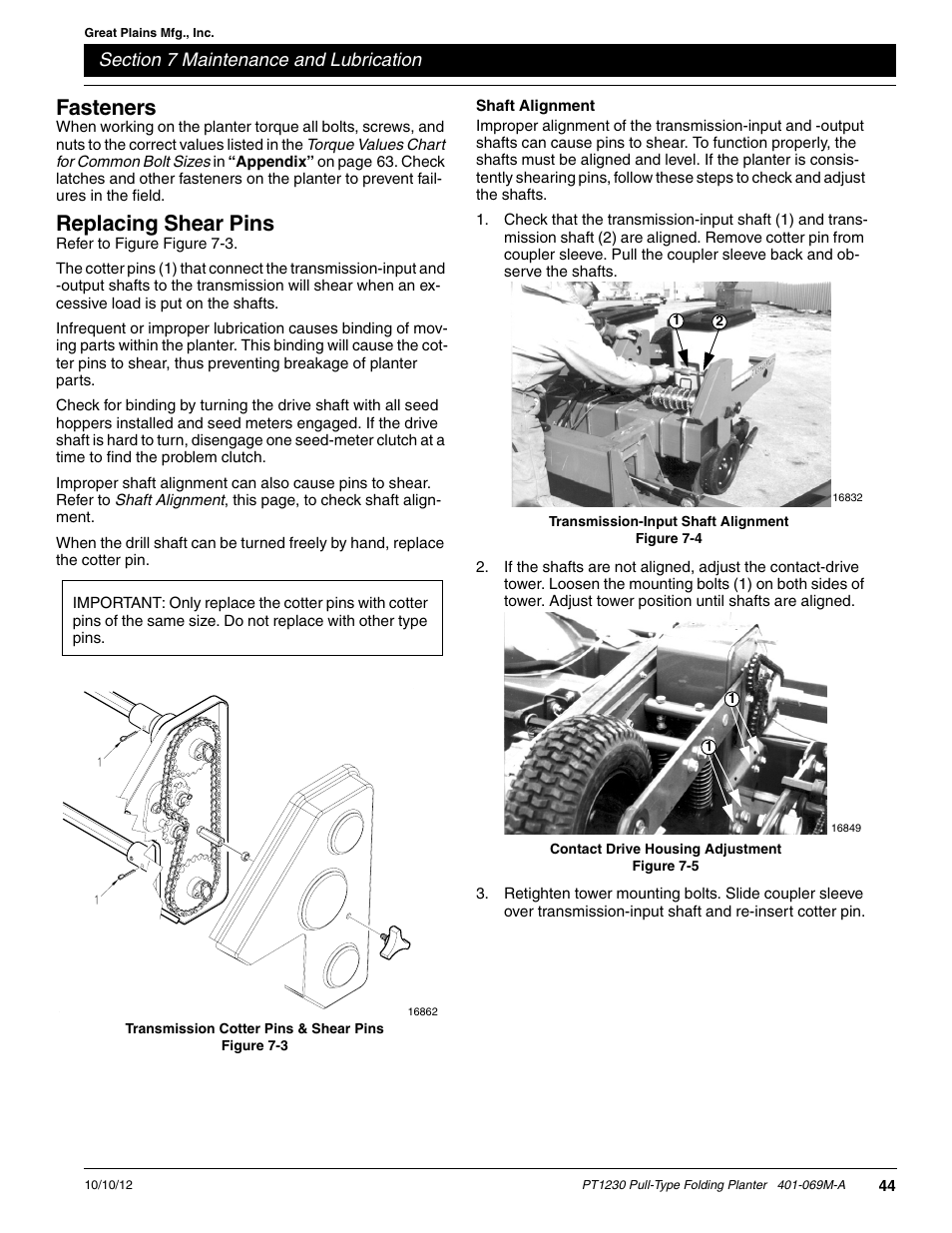 Fasteners, Replacing shear pins, Shaft alignment | Great Plains PT1230 AA1062 Operator Manual User Manual | Page 46 / 66