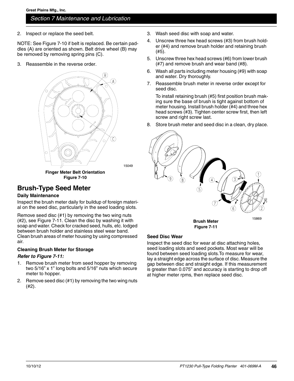 Brush-type seed meter, Daily maintenance, Cleaning brush meter for storage | Seed disc wear | Great Plains PT1230 AA1062 Operator Manual User Manual | Page 48 / 66