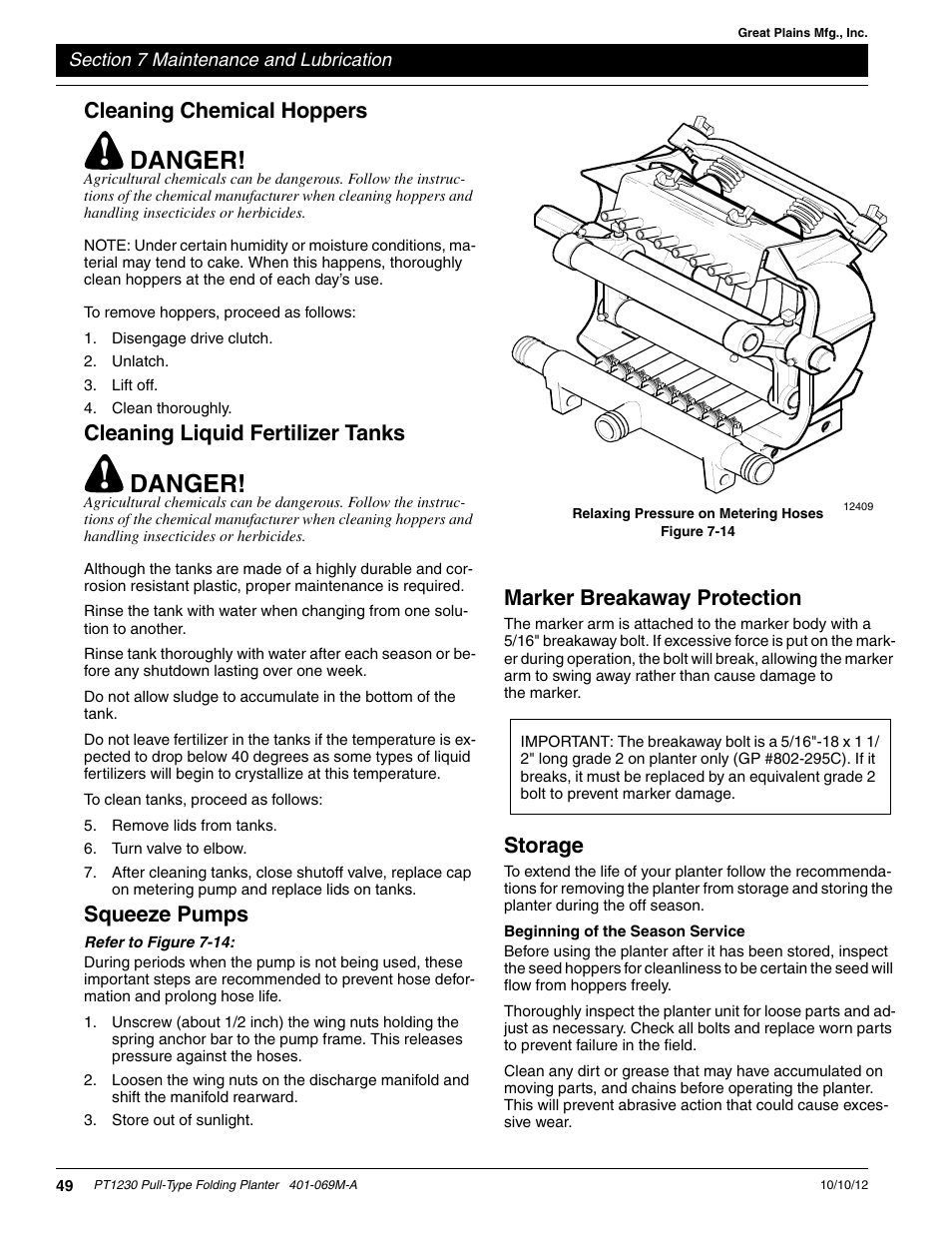 Cleaning chemical hoppers, Cleaning liquid fertilizer tanks, Squeeze pumps | Marker breakaway protection, Storage, Beginning of the season service, Danger | Great Plains PT1230 AA1062 Operator Manual User Manual | Page 51 / 66