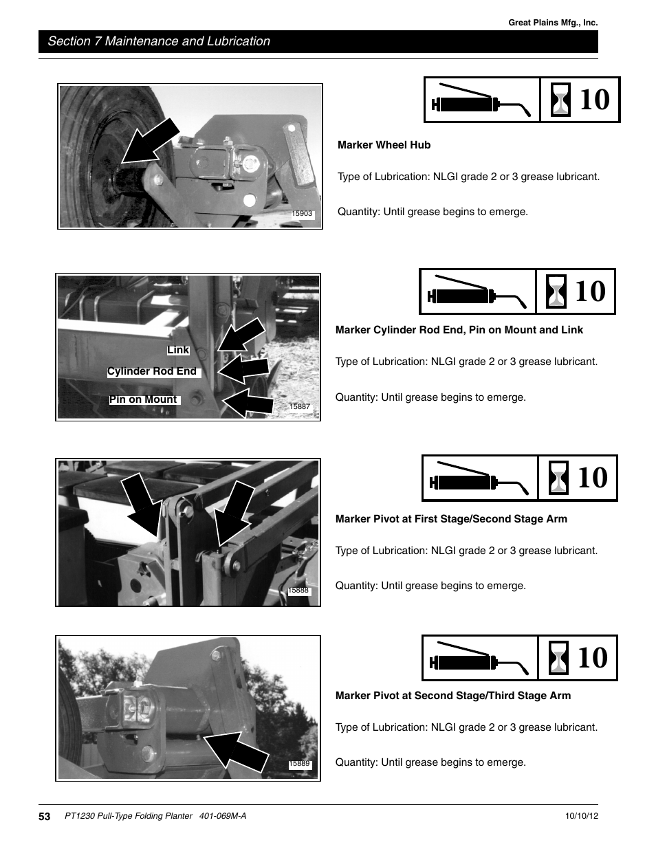 Cylinder rod end, Pin on mount, Link | Marker wheel hub, Marker pivot at second stage/third stage arm, Marker pivot at first stage/second stage arm, Marker cylinder rod end, pin on mount and link | Great Plains PT1230 AA1062 Operator Manual User Manual | Page 55 / 66