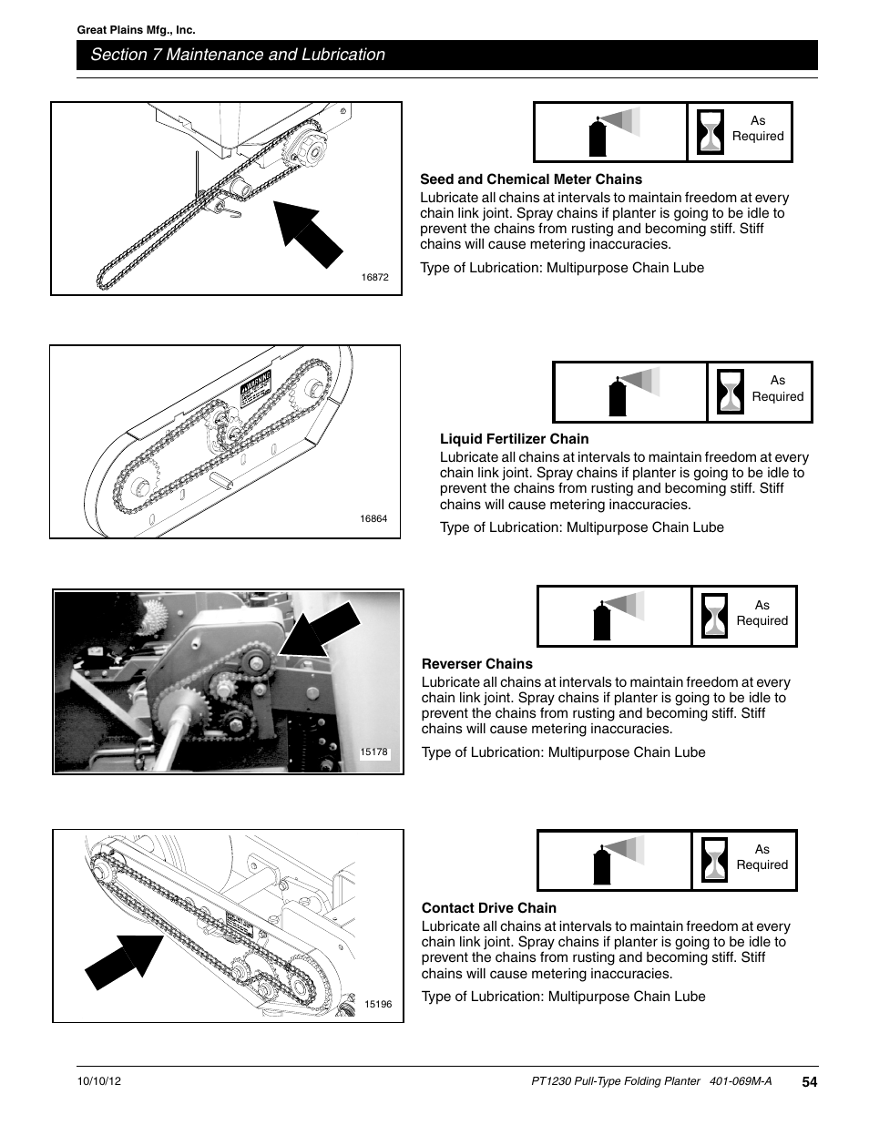 Liquid fertilizer chain, Seed and chemical meter chains, Reverser chains | Contact drive chain | Great Plains PT1230 AA1062 Operator Manual User Manual | Page 56 / 66