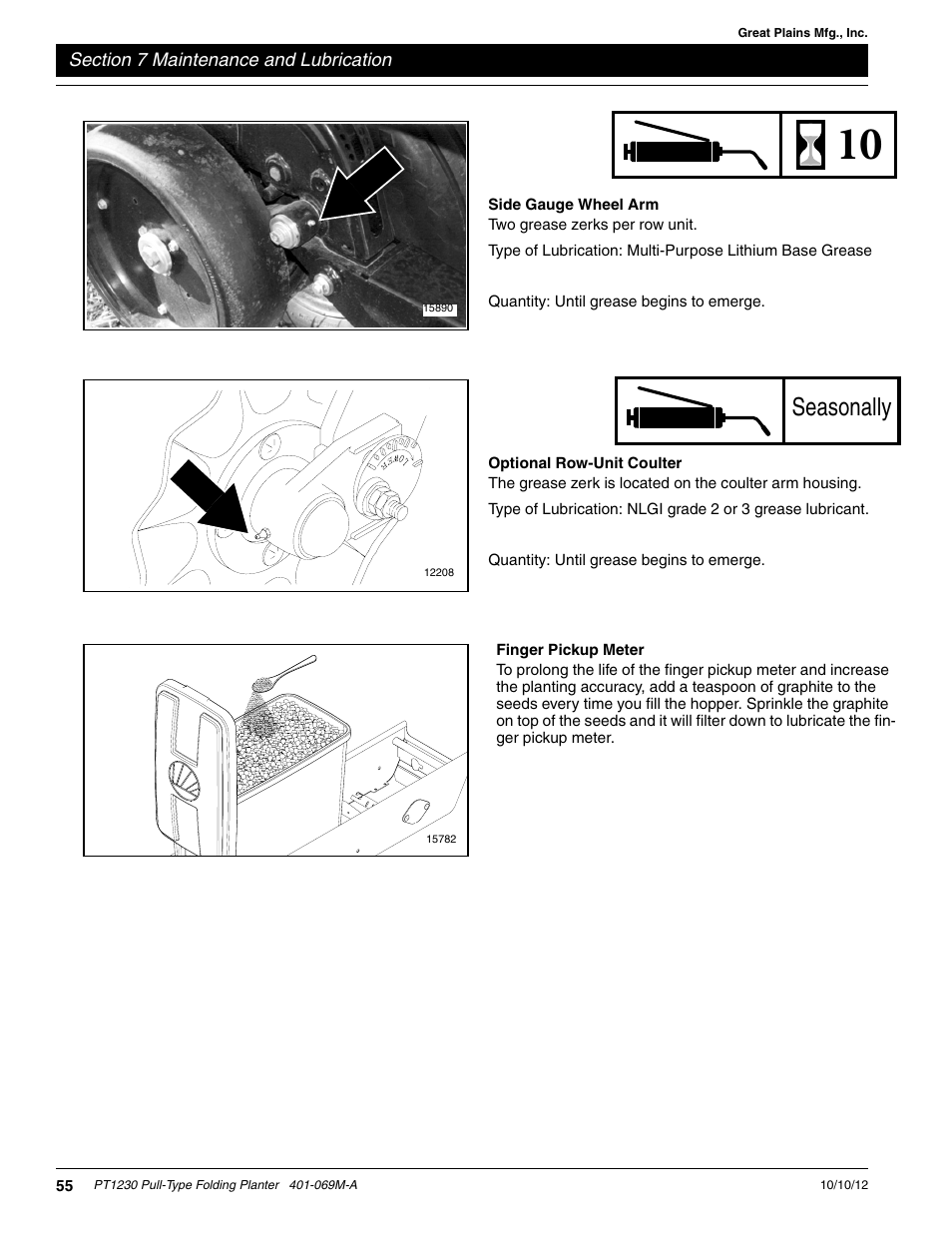 Side gauge wheel arm, Finger pickup meter, Optional row-unit coulter | Seasonally | Great Plains PT1230 AA1062 Operator Manual User Manual | Page 57 / 66