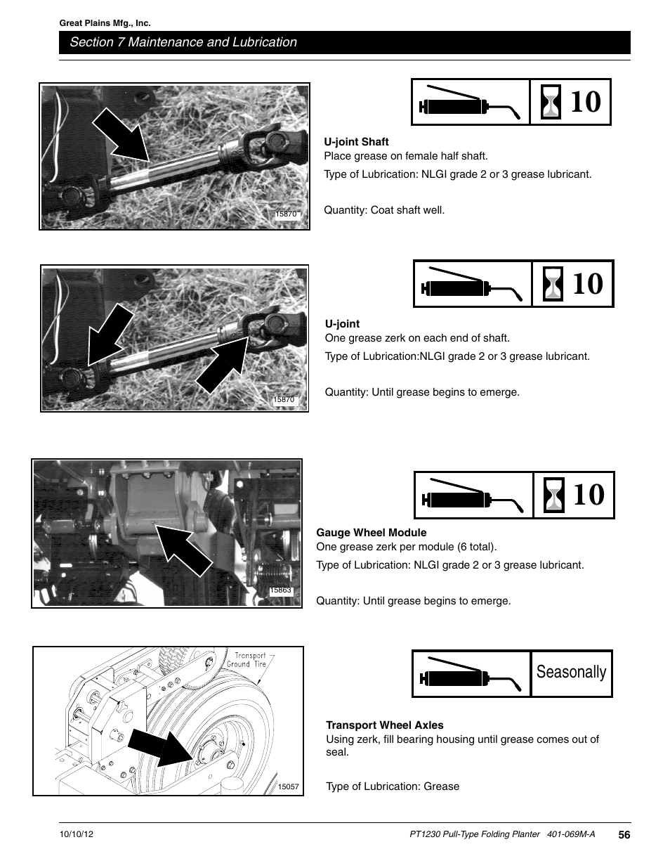 U-joint shaft, Gauge wheel module, U-joint | Transport wheel axles, Seasonally | Great Plains PT1230 AA1062 Operator Manual User Manual | Page 58 / 66