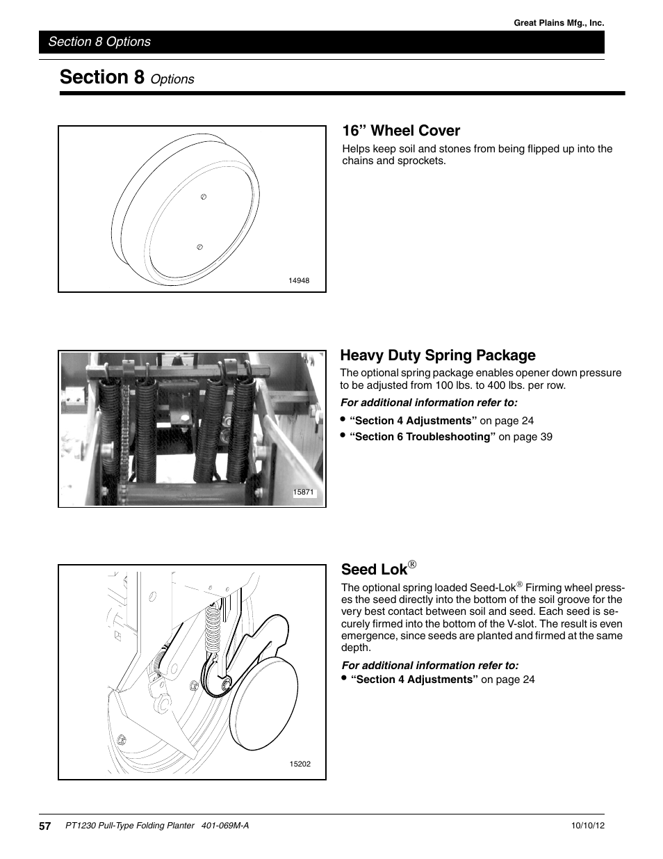 Section 8 options, Heavy duty spring package, Seed lok | 16” wheel cover | Great Plains PT1230 AA1062 Operator Manual User Manual | Page 59 / 66