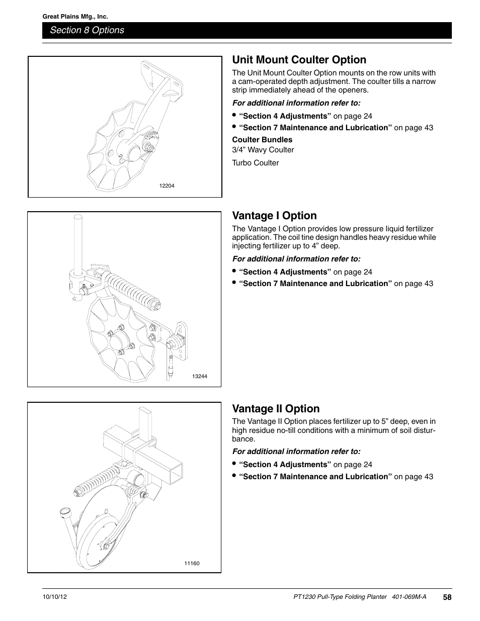 Unit mount coulter option, Coulter bundles, Vantage i option | Vantage ii option | Great Plains PT1230 AA1062 Operator Manual User Manual | Page 60 / 66
